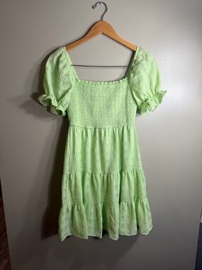 Alison + Kelly Lime Green Smocked Mini Dress Puff Sleeve Babydoll Small